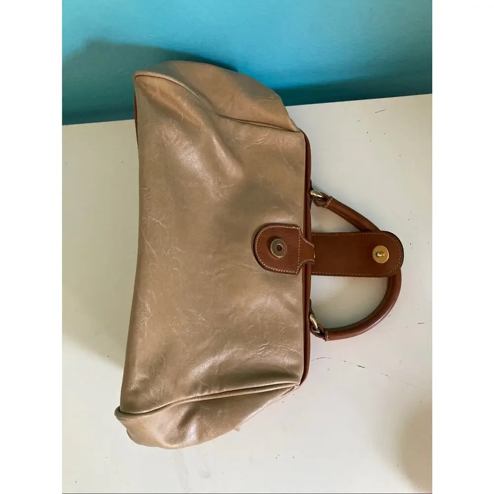 Vintage 80s Capezio Doctor Bag Handbag Beige Brown Frame Satchel Purse 14 x 7.5